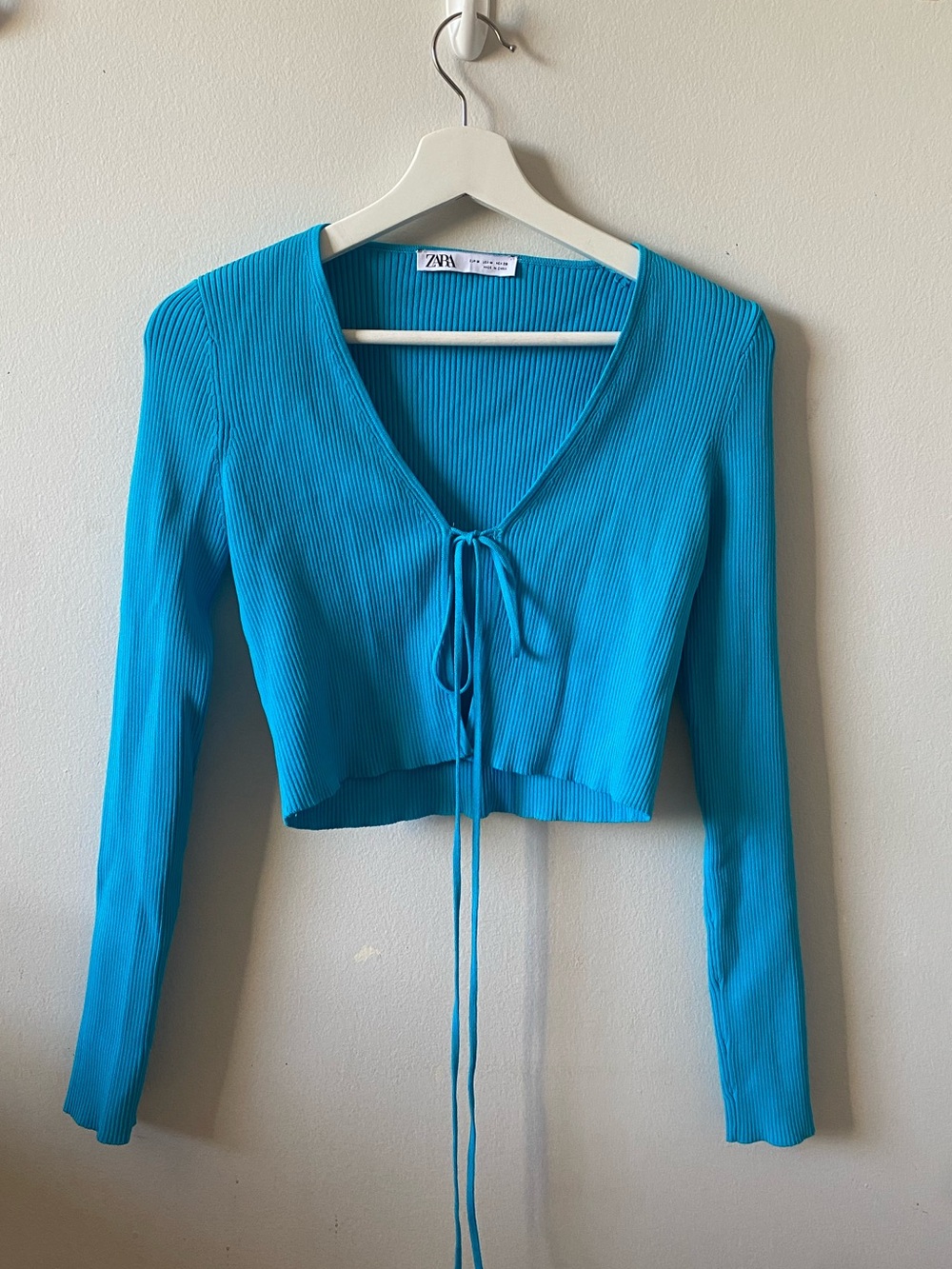 ZARA Blue Ribbed Tie-Front Cropped Cardigan Medium